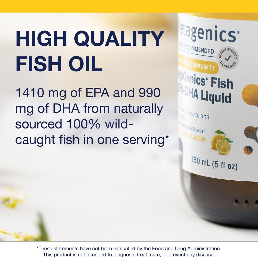 Metagenics OmegaGenics lemon flavor liquid; pleasant taste to simplify daily use