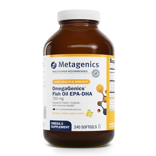 Metagenics OmegaGenics Fish Oil bottle highlighting high-potency EPA-DHA for potential heart and brain support