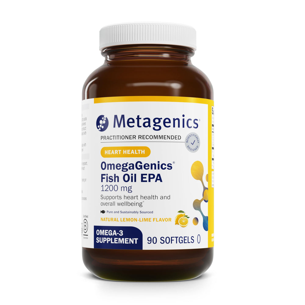 Metagenics OmegaGenics EPA 1200 bottle emphasizing high potency omega-3 benefits