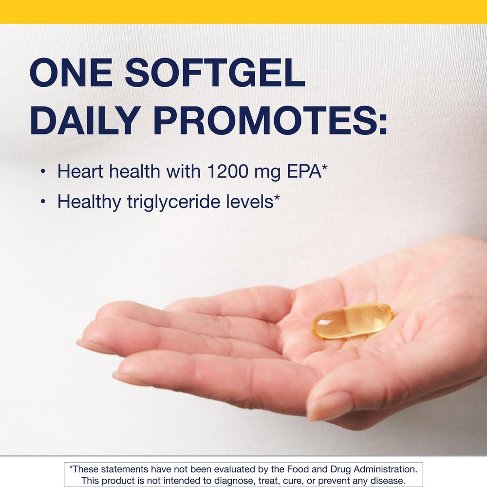 Metagenics OmegaGenics EPA 1200 softgels pouring into a bottle