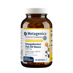 Metagenics OmegaGenics Neuro bottle showing 750 mg DHA and 250 mg EPA for brain health