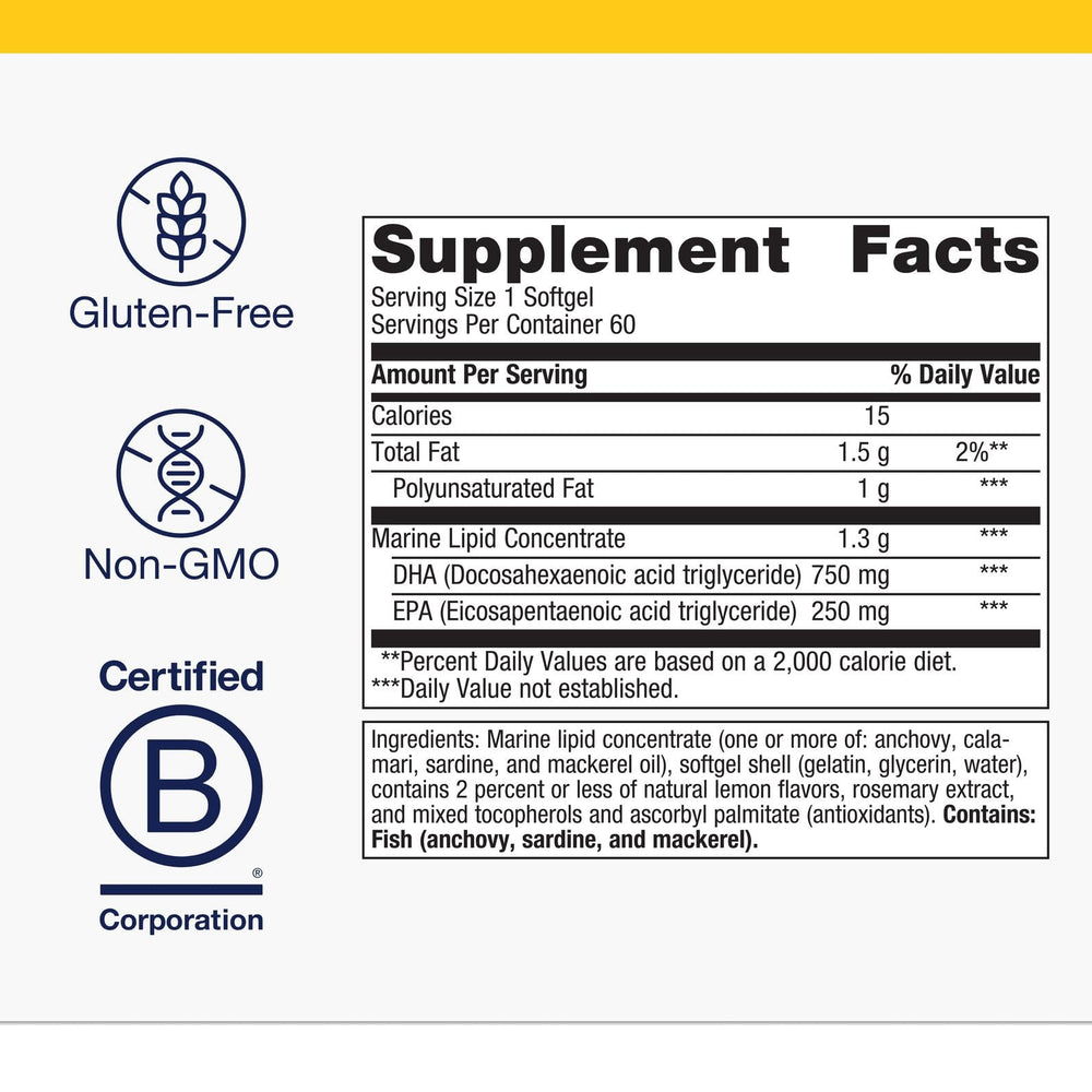 Label close-up of Metagenics OmegaGenics Neuro with sustainability focus