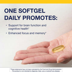 Close-up of Metagenics OmegaGenics Neuro softgels highlighting gluten-free and non-GMO formulation