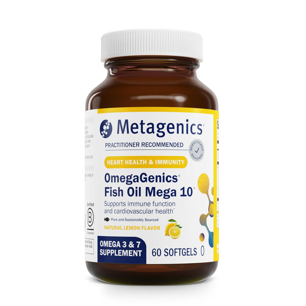 Metagenics OmegaGenics Mega 10 bottle with sustainable omega blend for daily use