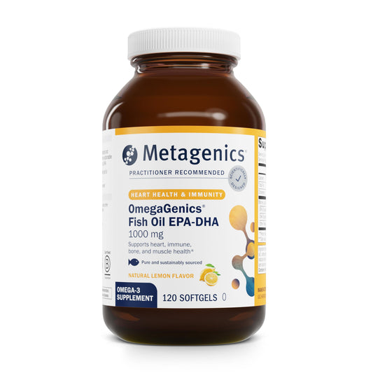 Metagenics OmegaGenics EPA-DHA 1000 mg bottle close-up, high-potency omega-3