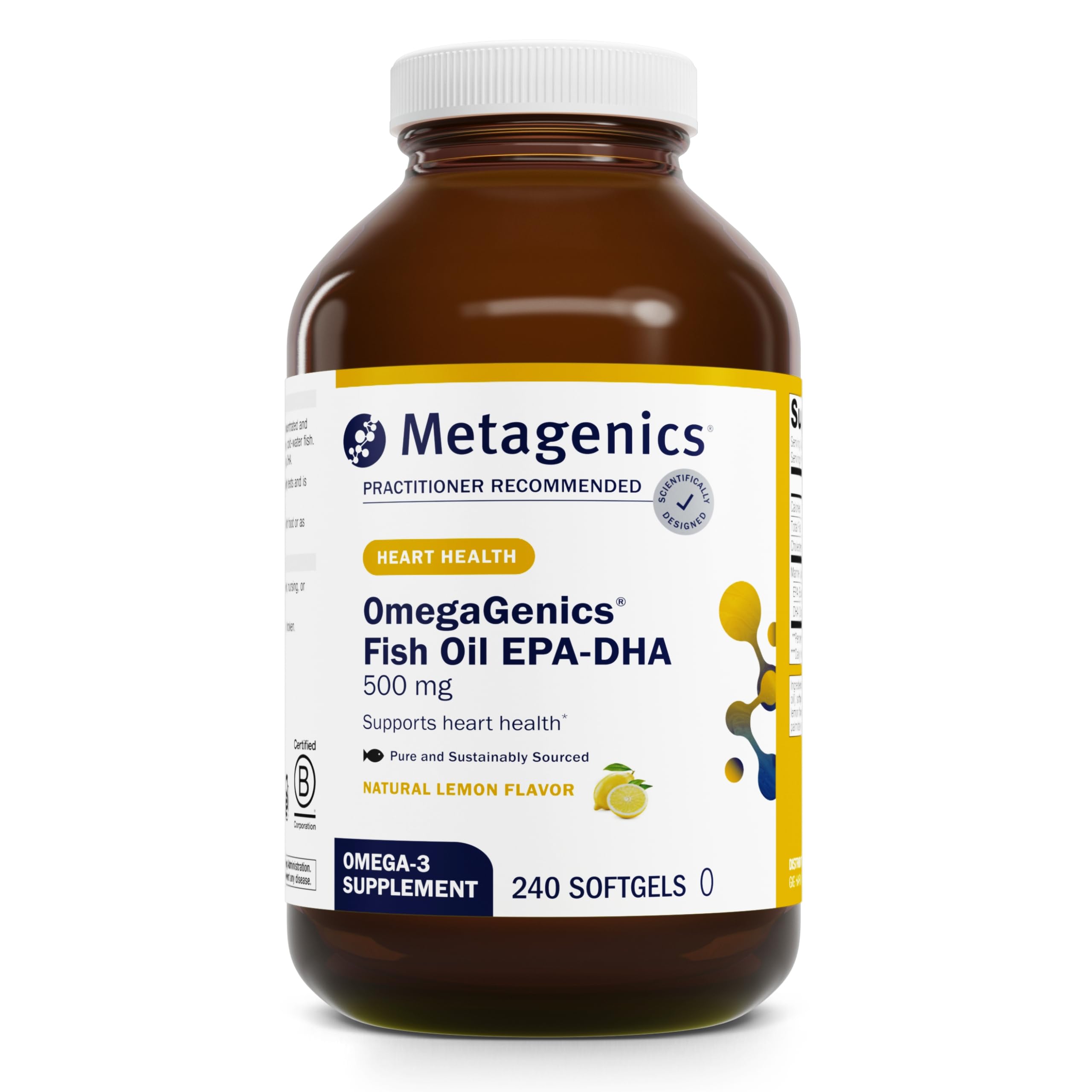 Metagenics OmegaGenics EPA-DHA 500 bottle front view highlighting potent omega-3 content.