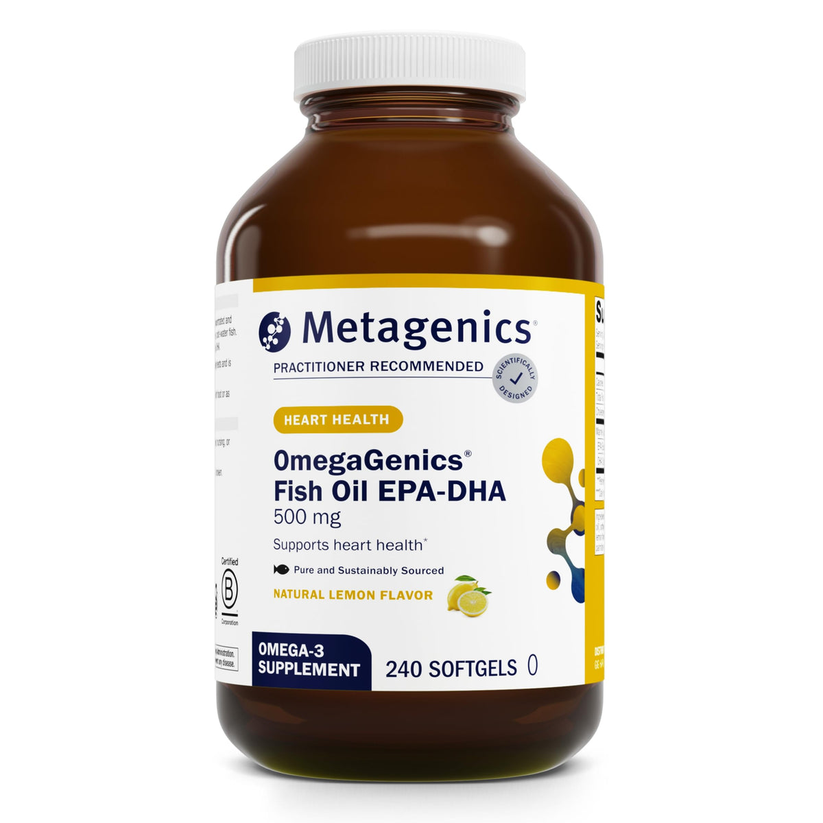Metagenics OmegaGenics EPA-DHA 500 bottle front view highlighting potent omega-3 content.