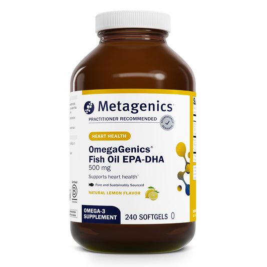Metagenics OmegaGenics EPA-DHA 500 bottle front view highlighting potent omega-3 content.