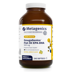 Metagenics OmegaGenics EPA-DHA 500 bottle front view highlighting potent omega-3 content.