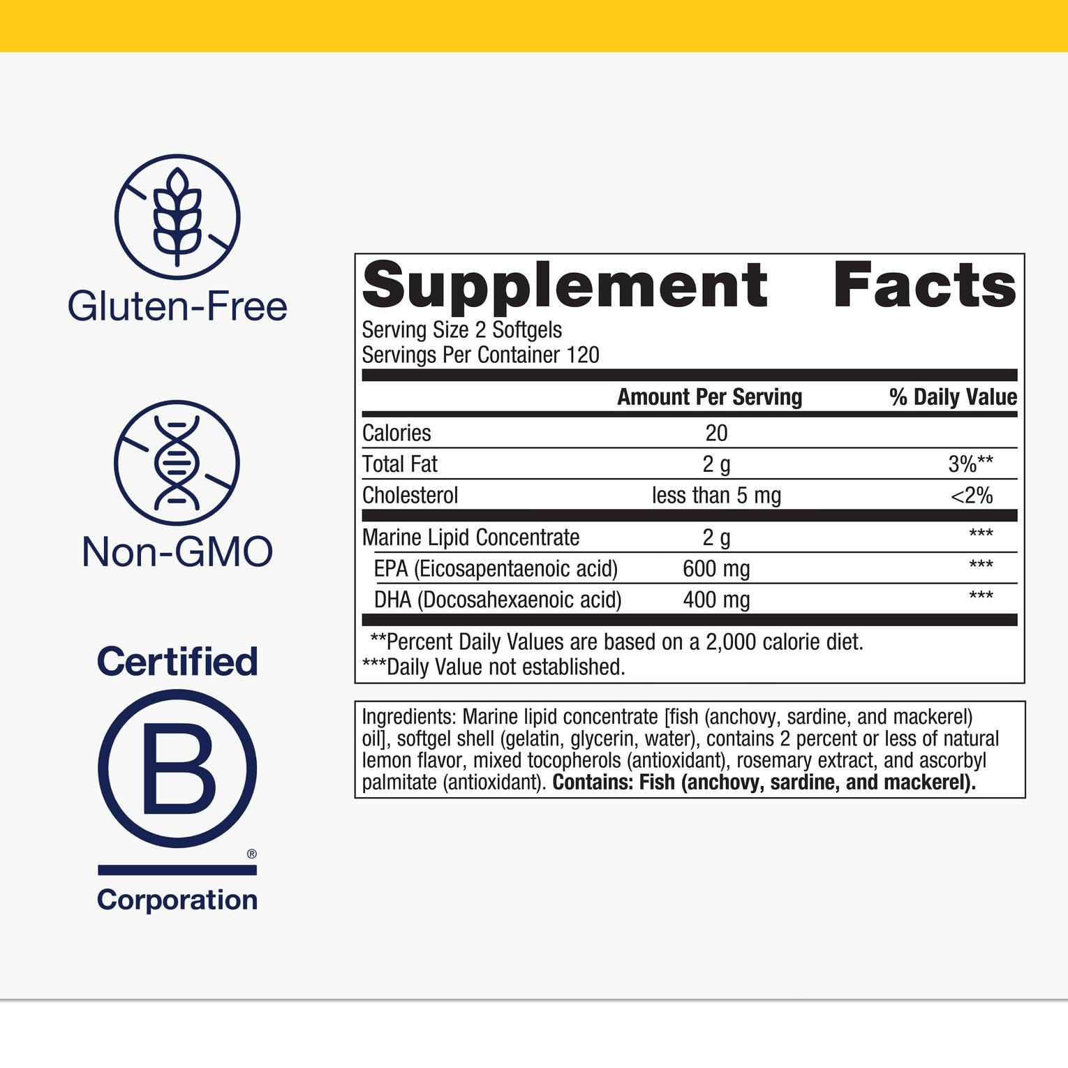Box packaging of Metagenics OmegaGenics EPA-DHA 500 emphasizing sustainability.