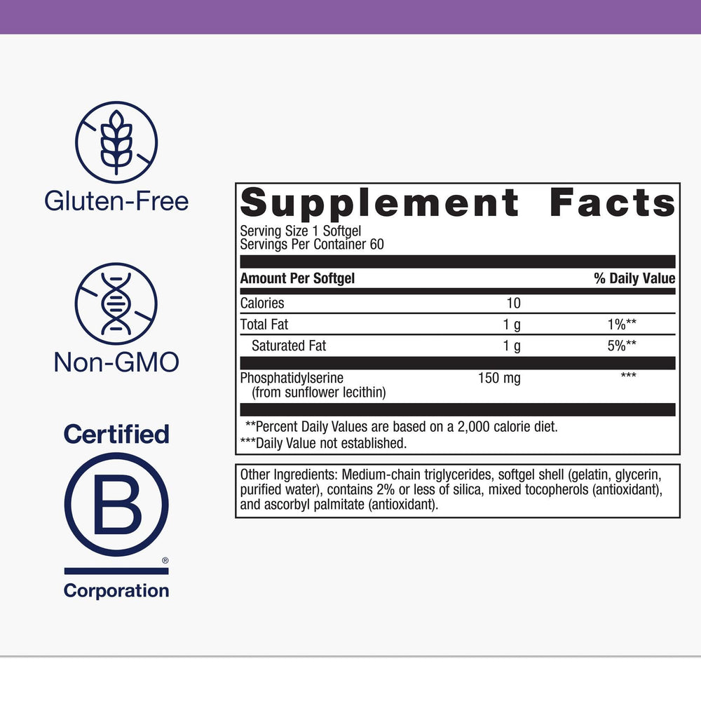 Metagenics Phosphatidylserine softgels promo pack emphasizes daily brain support.