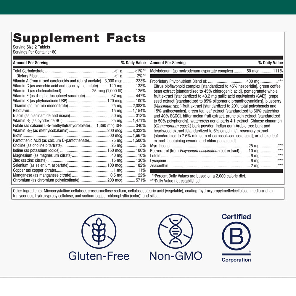 Metagenics PhytoMulti Without Iron B Corp seal, trusted practitioner backed nutrition.