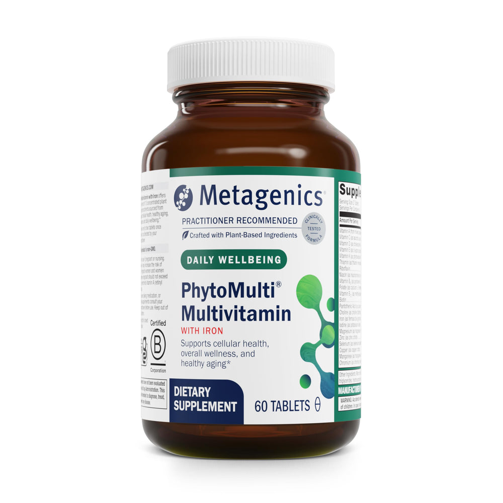 Metagenics PhytoMulti with Iron bottle front highlighting daily wellness potential.
