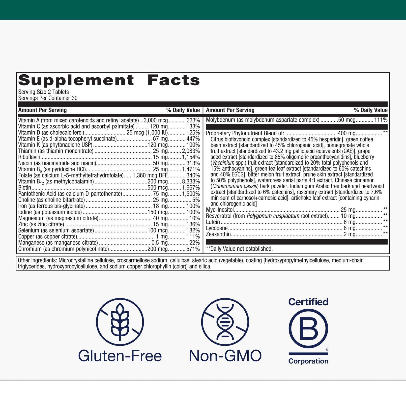 Packaging of Metagenics PhytoMulti with Iron emphasizing gluten-free and non-GMO features.