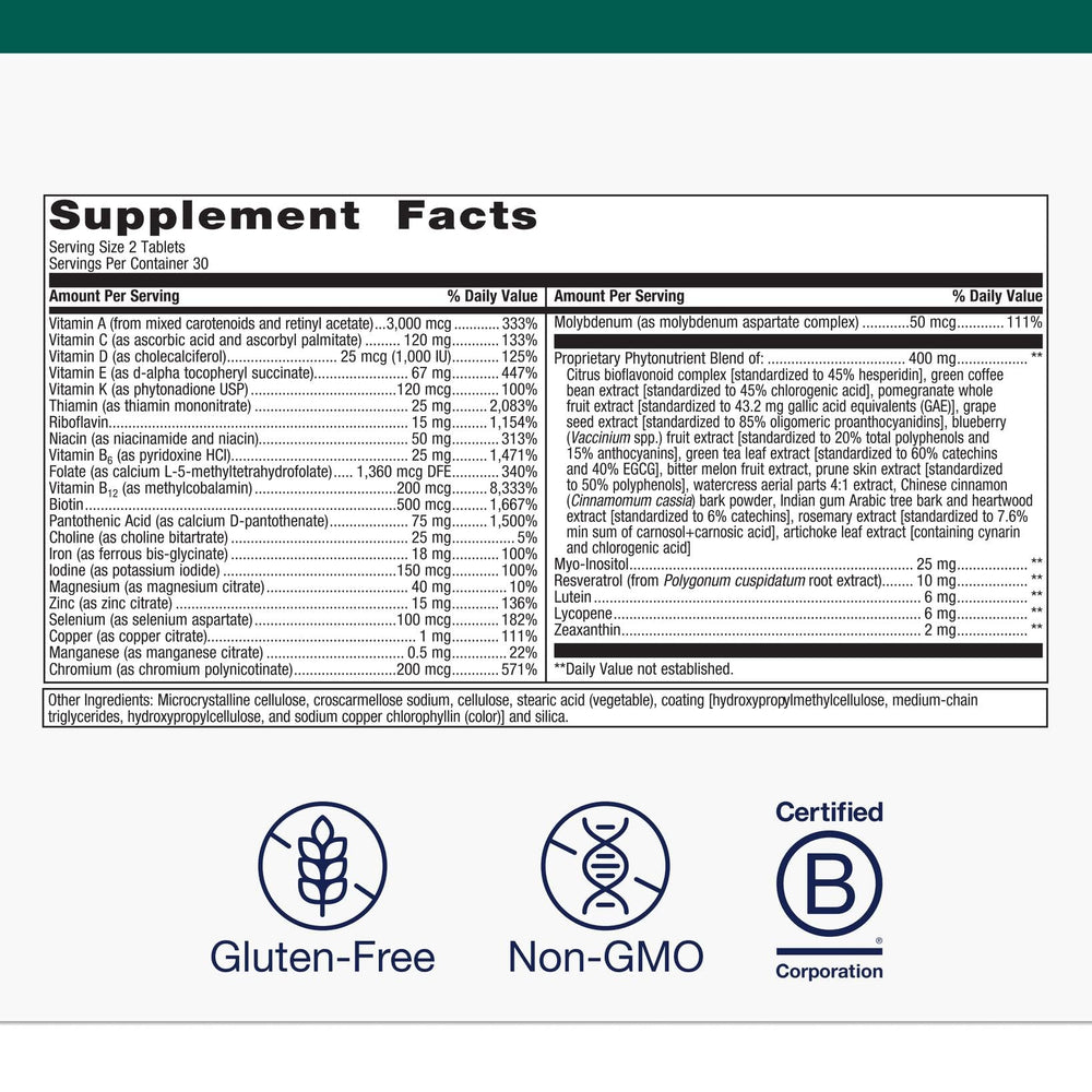 Packaging of Metagenics PhytoMulti with Iron emphasizing gluten-free and non-GMO features.
