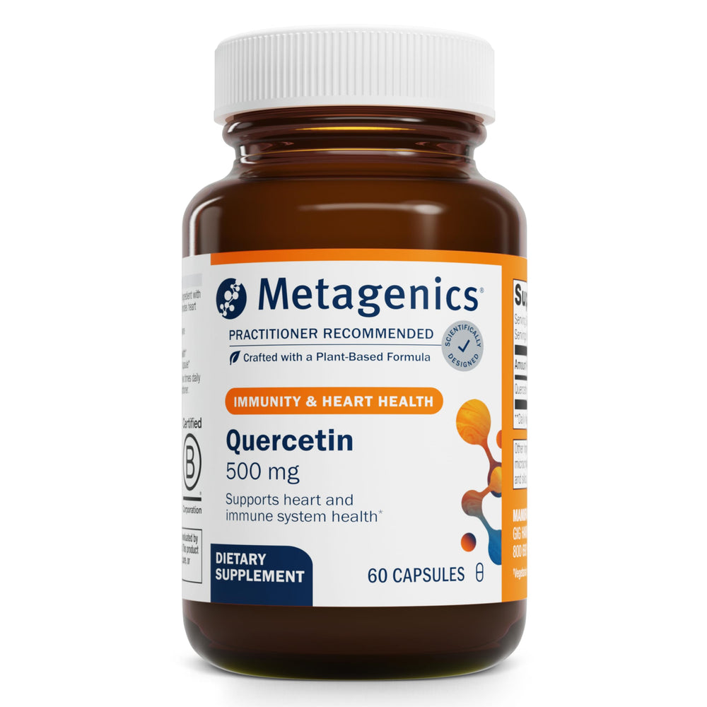 Metagenics Quercetin 500mg capsules on display, supporting immune health and antioxidants.
