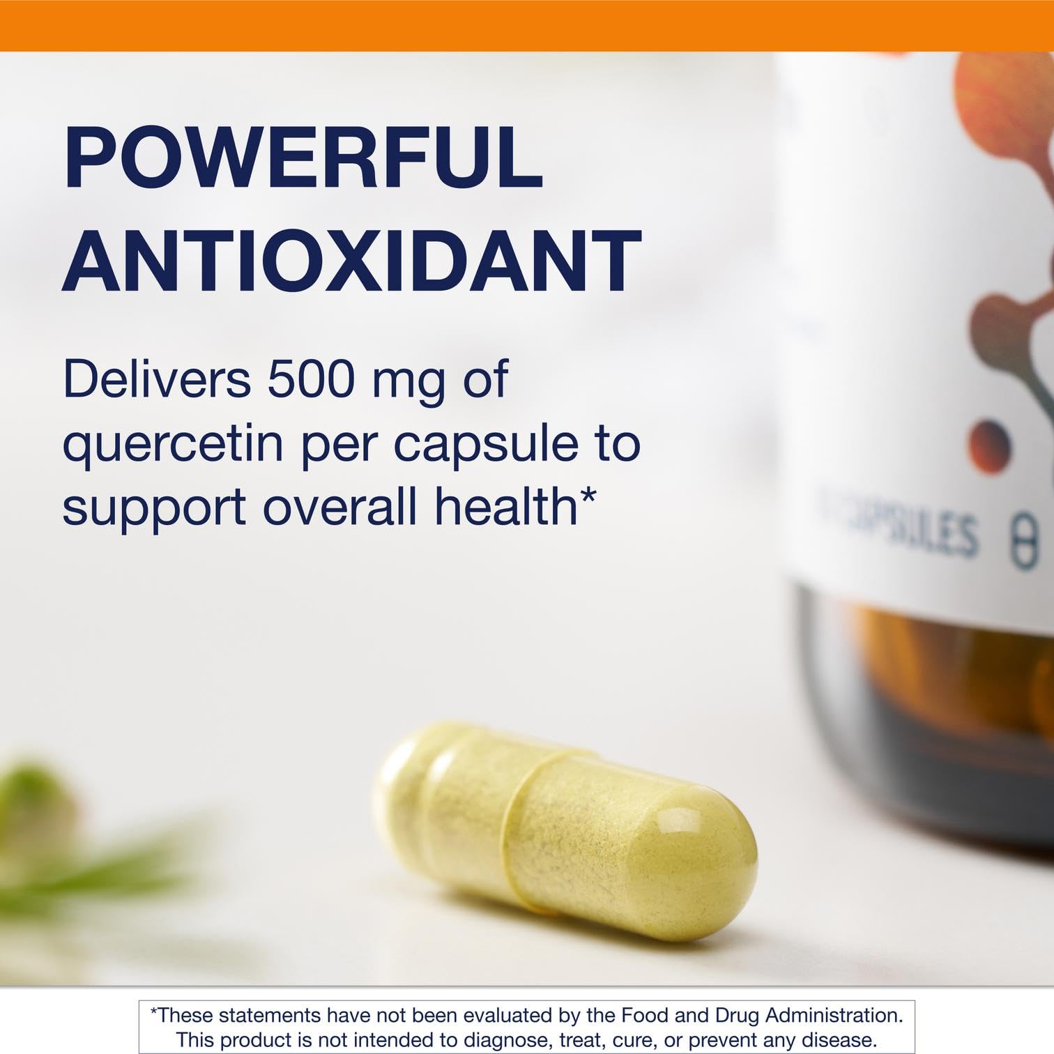 Metagenics Quercetin bottle side label highlights non-GMO, gluten-free, and vegan attributes.