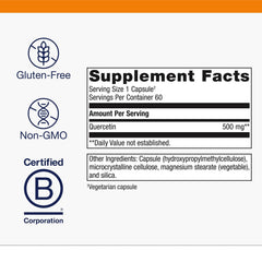 Metagenics Quercetin ingredients panel lists quercetin content and source details.