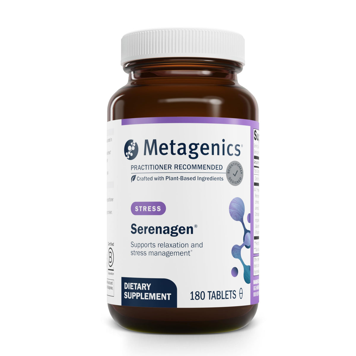 Metagenics Serenagen bottle front highlights herbal stress support for daily calm.