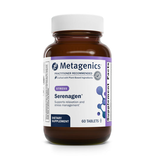 Metagenics Serenagen bottle with label emphasizing stress support.
