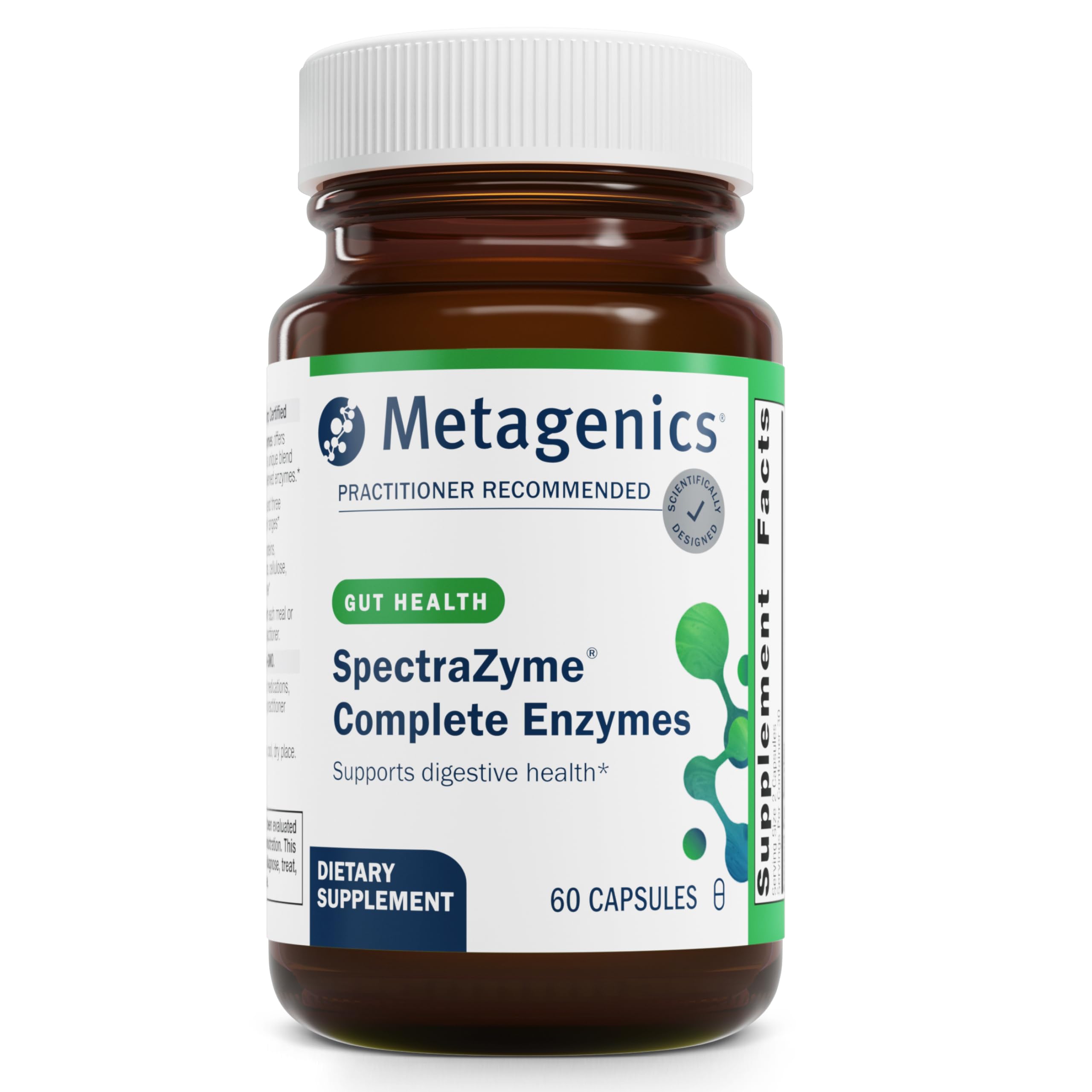 Metagenics SpectraZyme bottle front highlighting plant-based enzymes for digestion support