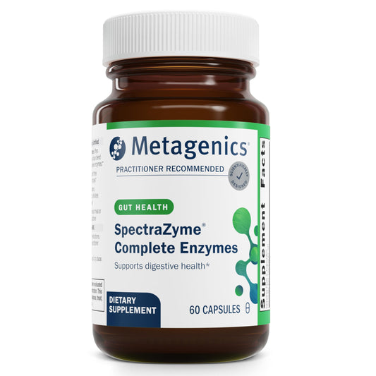Metagenics SpectraZyme bottle front highlighting plant-based enzymes for digestion support
