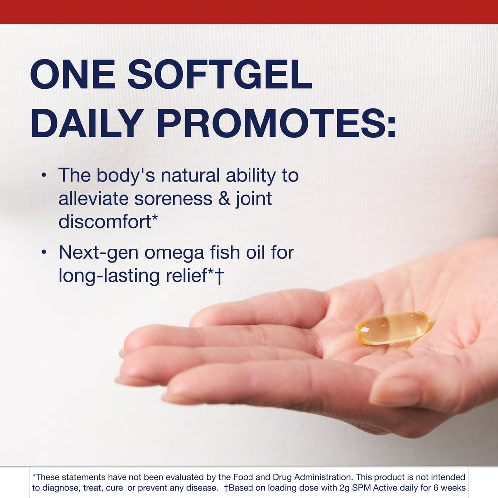 Metagenics SPM Active softgels closeup highlighting convenient daily use.