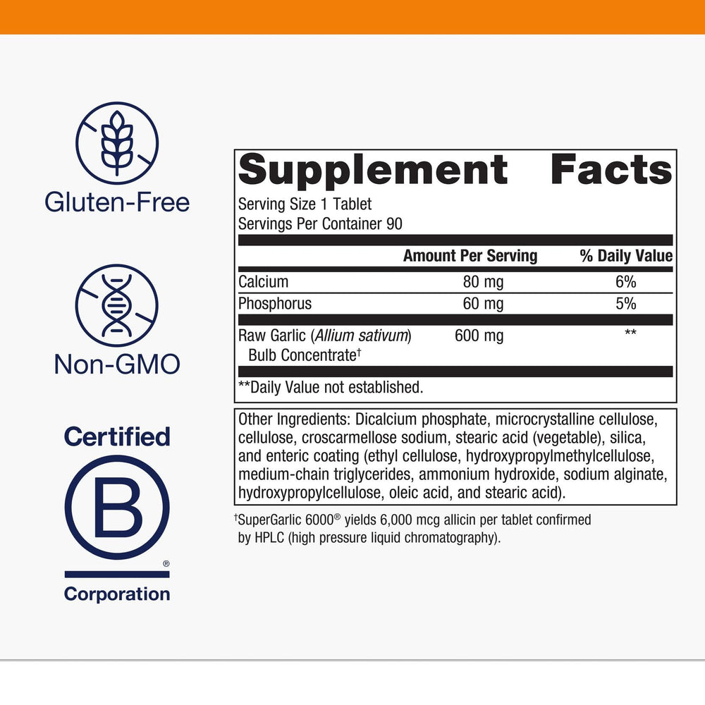 Metagenics SuperGarlic 6000 supports cardiovascular health and normal blood pressure ranges.