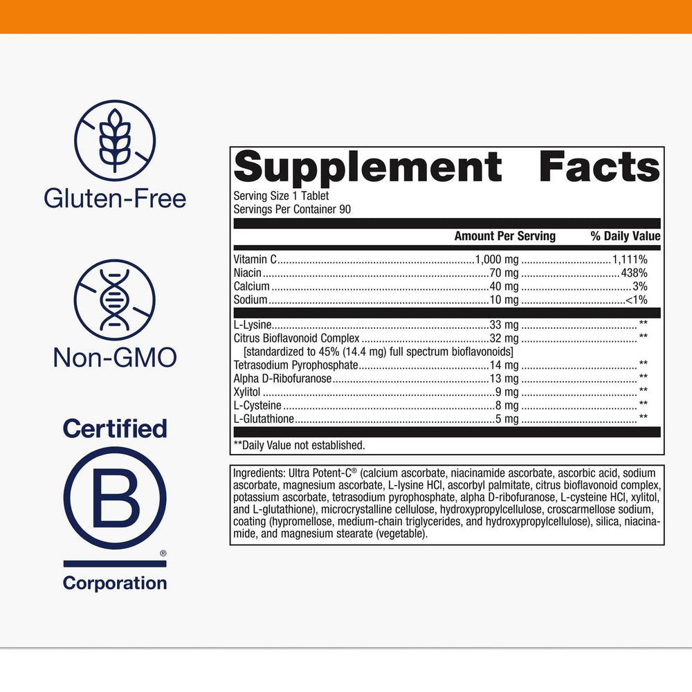 Metagenics Ultra Potent-C 1000 packaging closeup; GMP-certified quality and third-party testing