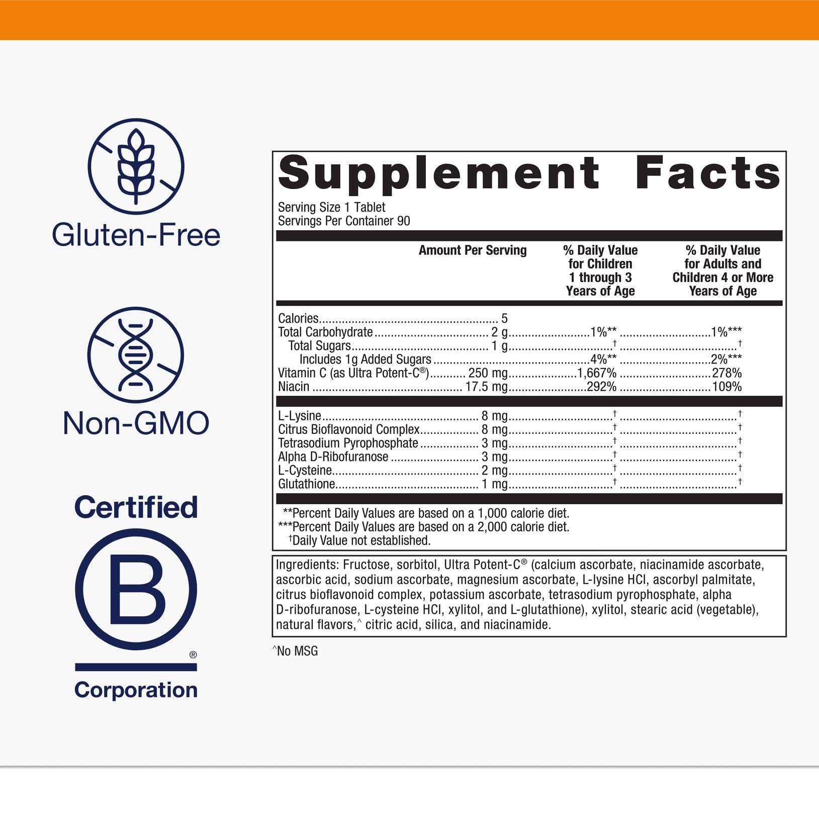 Non-GMO label on Metagenics Ultra Potent-C chewables for clean ingredients