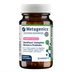 Metagenics UltraFlora Complete bottle highlights gut balance potential.
