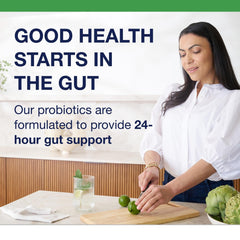 Gluten-free icon with UltraFlora bottle emphasizes dietary compatibility.