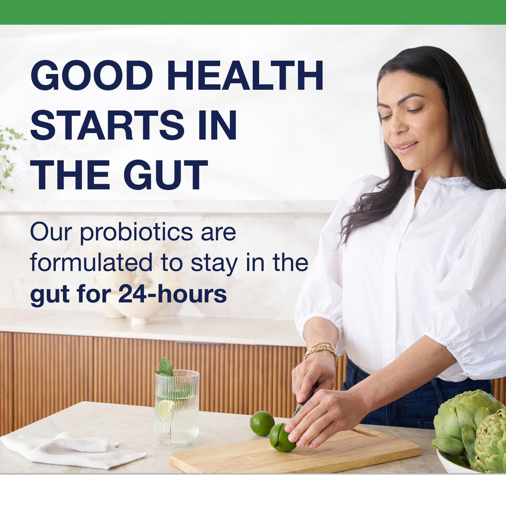 Metagenics UltraFlora Immune Booster packaging sleeve highlights gluten-free promise