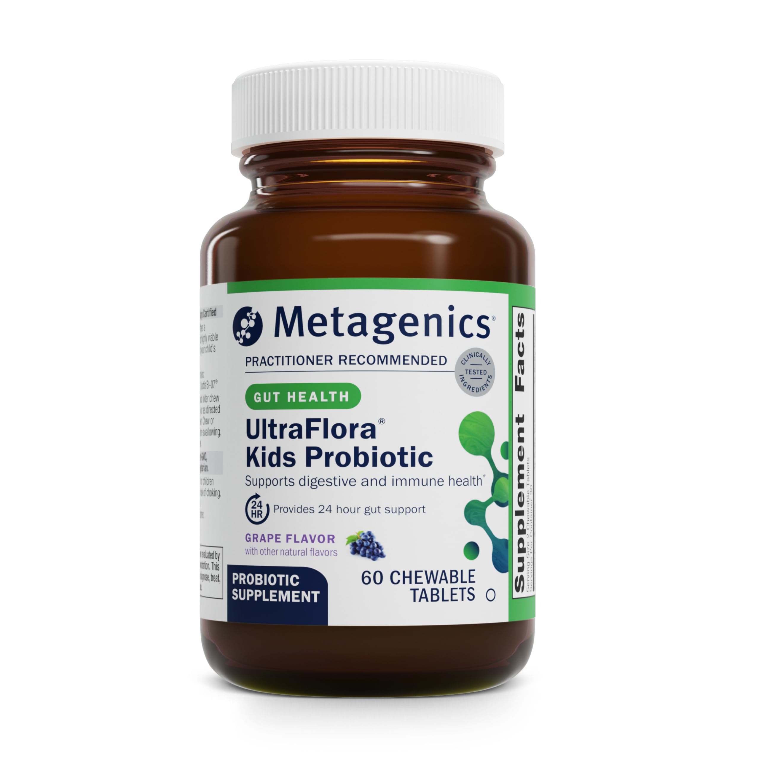Metagenics UltraFlora Kids probiotic bottle front view supports daily digestive and immune health in kids.