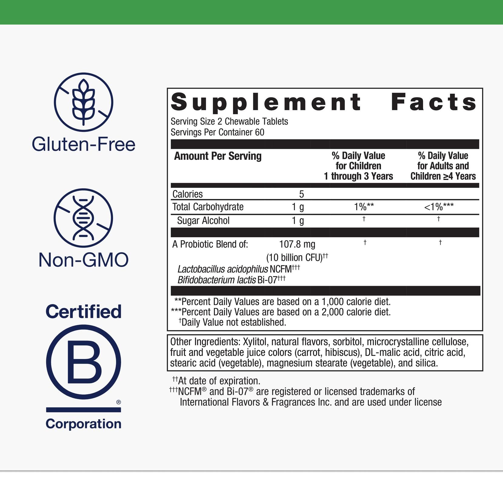Ingredients label showing vegetarian, non-GMO, gluten-free formulation
