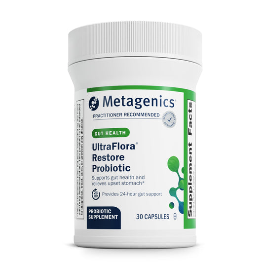 Metagenics UltraFlora Restore bottle front showing 30 vegetarian capsules for gut health