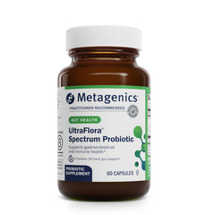 Metagenics UltraFlora Spectrum bottle front view for shelf-stable probiotic support with daily gut balance.