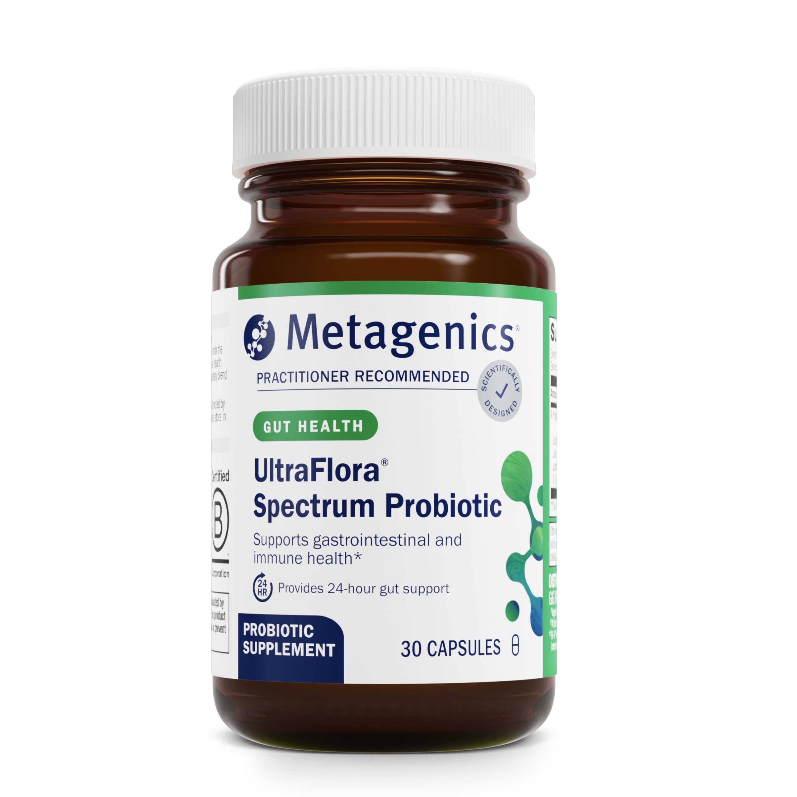 Metagenics UltraFlora Spectrum capsules closeup for daily digestive support