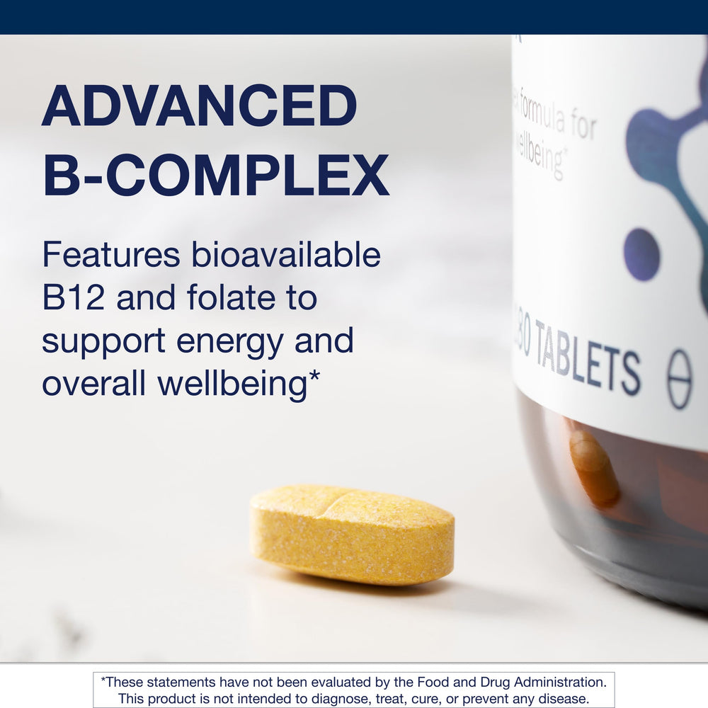 Metagenics B-Complex capsules image emphasizing easy daily intake during busy mornings