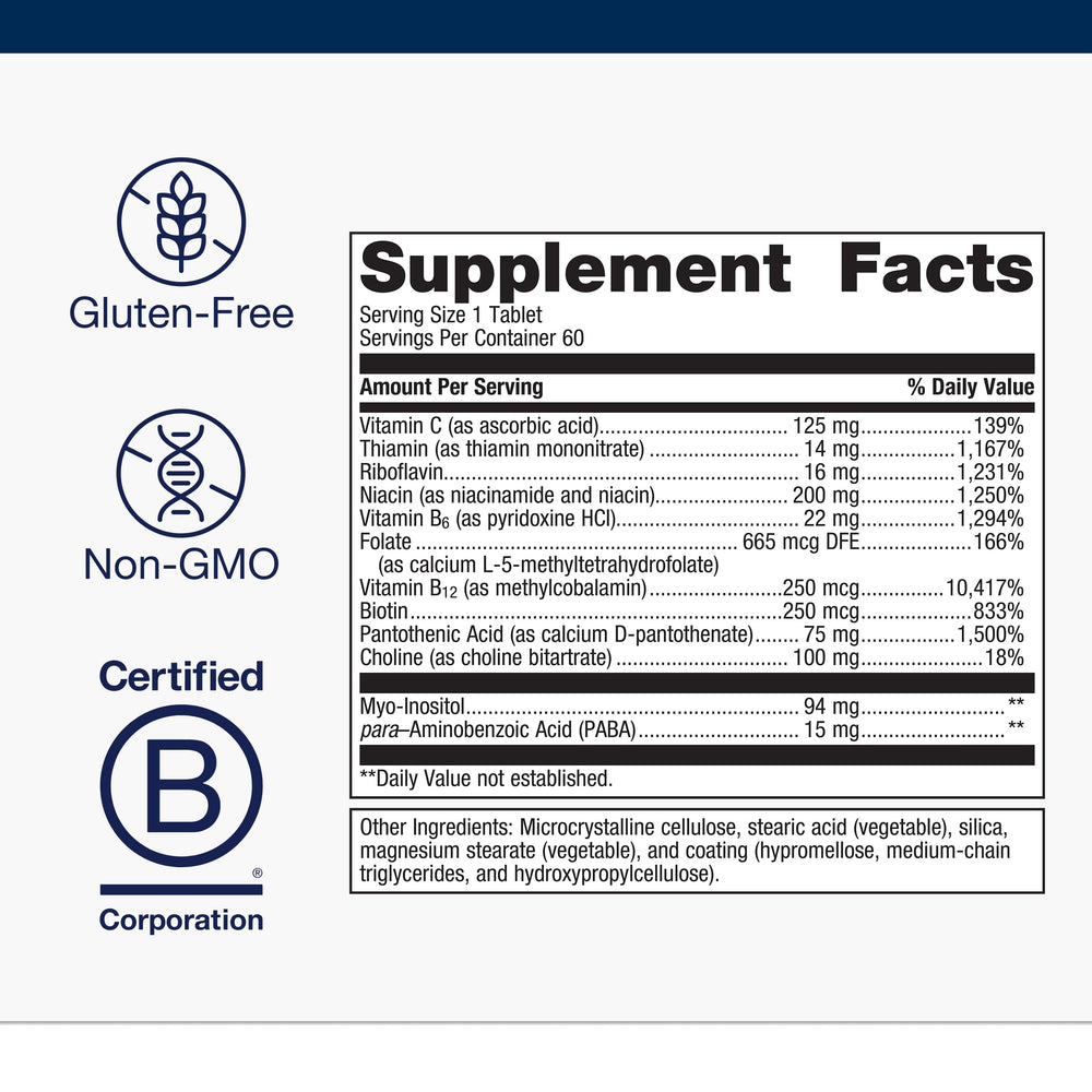 Metagenics B-Complex with folate, B6, and B12 may aid homocysteine metabolism and heart health.
