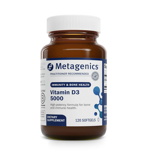 Metagenics Vitamin D3 5000 IU softgels bottle for immune support