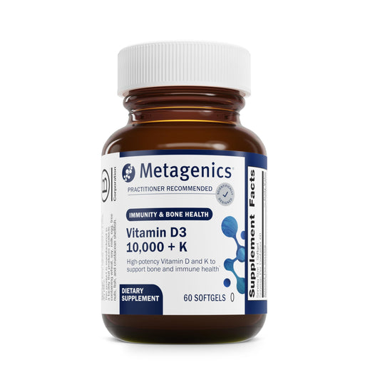 Metagenics Vitamin D3 and K bottle showing 60 softgels for bone and immune support.
