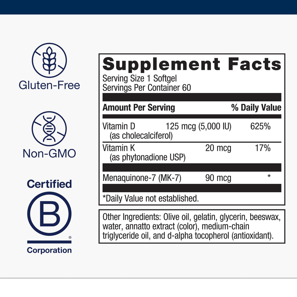 Gluten-free, non-GMO Metagenics D3 + K packaging label.