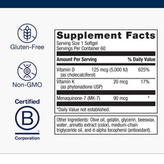 Gluten-free, non-GMO Metagenics D3 + K packaging label.