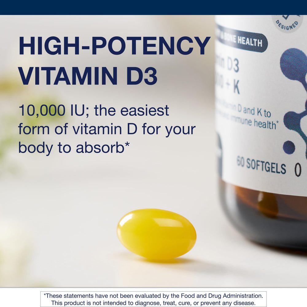 Metagenics Vitamin D3 and K softgels out of pack for daily use.