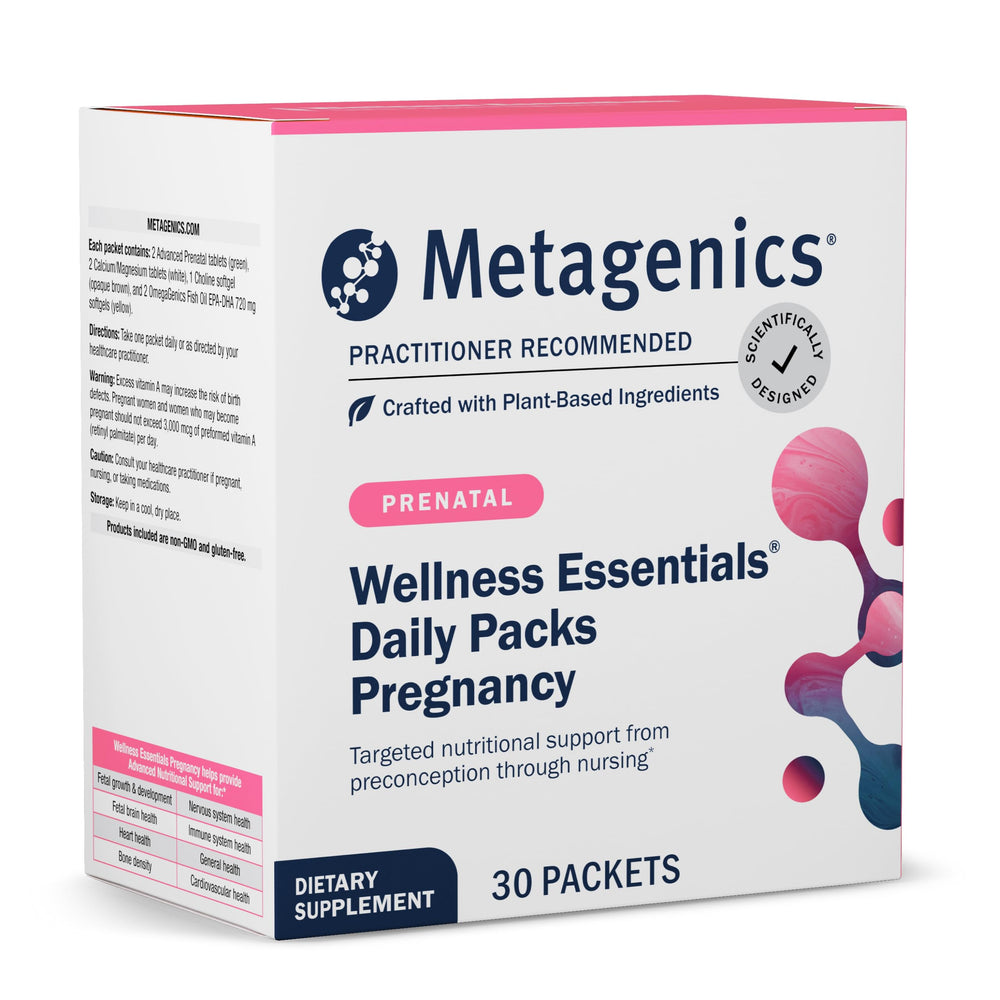 Metagenics Wellness Essentials Pregnancy daily packets shown for convenient daily prenatal dosing.