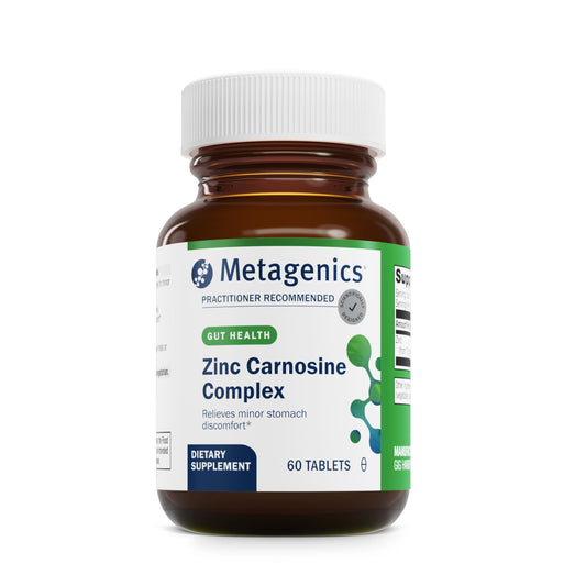 Metagenics Zinlori 75 bottle-front highlighting zinc-carnosine for digestive comfort