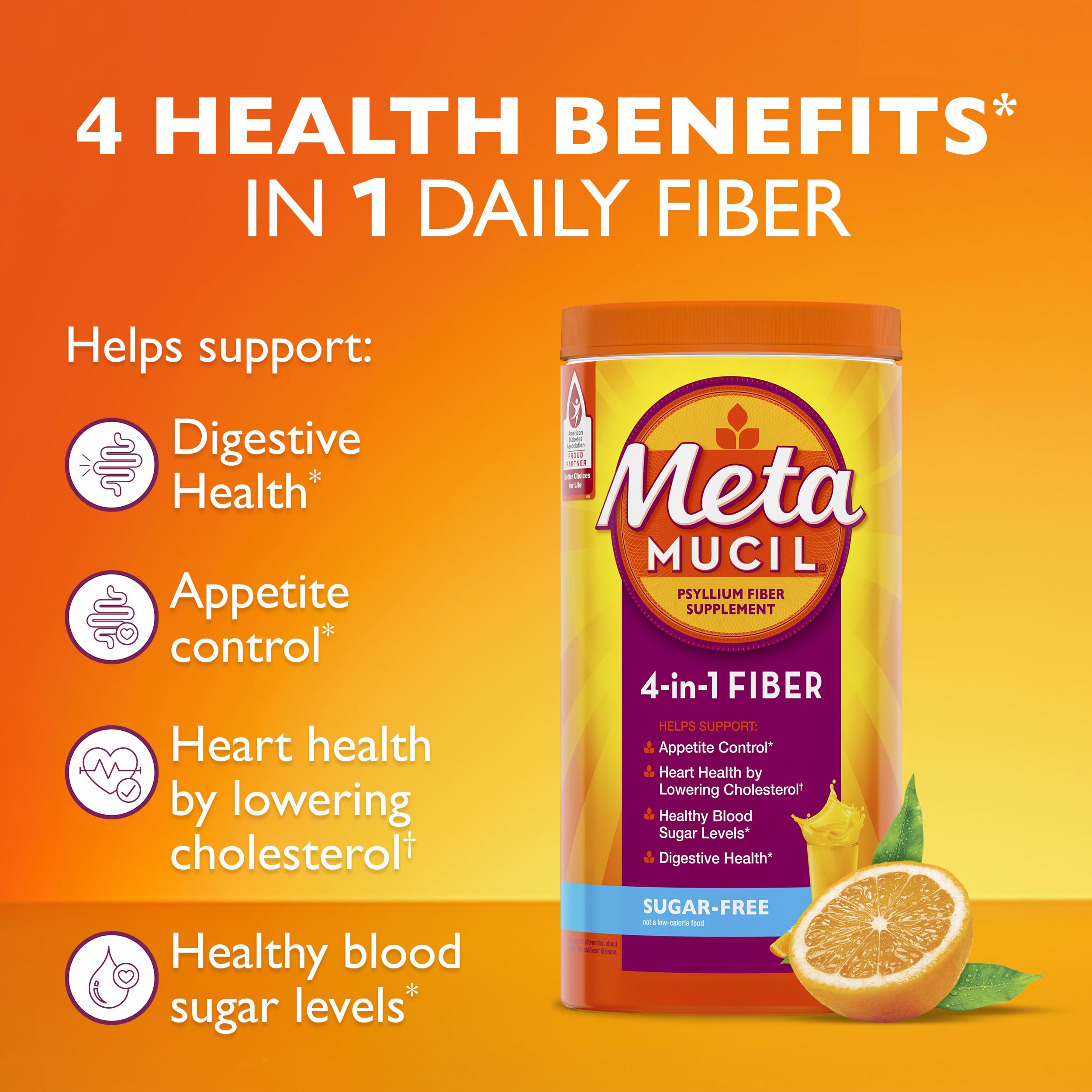 Metamucil 4-in-1 benefits label on box.