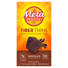Hero shot of Metamucil Chocolate Fiber Thins pack showing 12-count portions