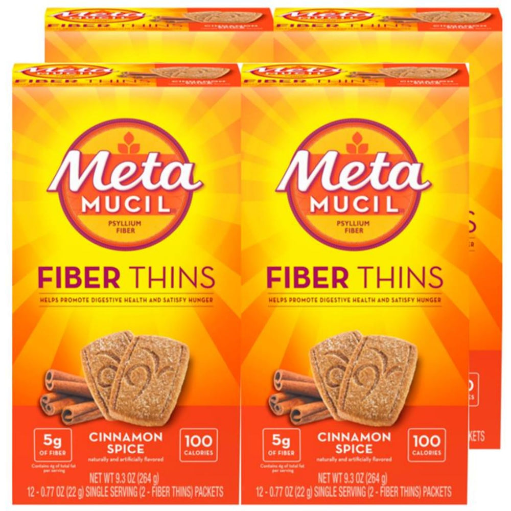 Metamucil Cinnamon Spice Fiber Thins bottle pour for on-the-go fiber support.
